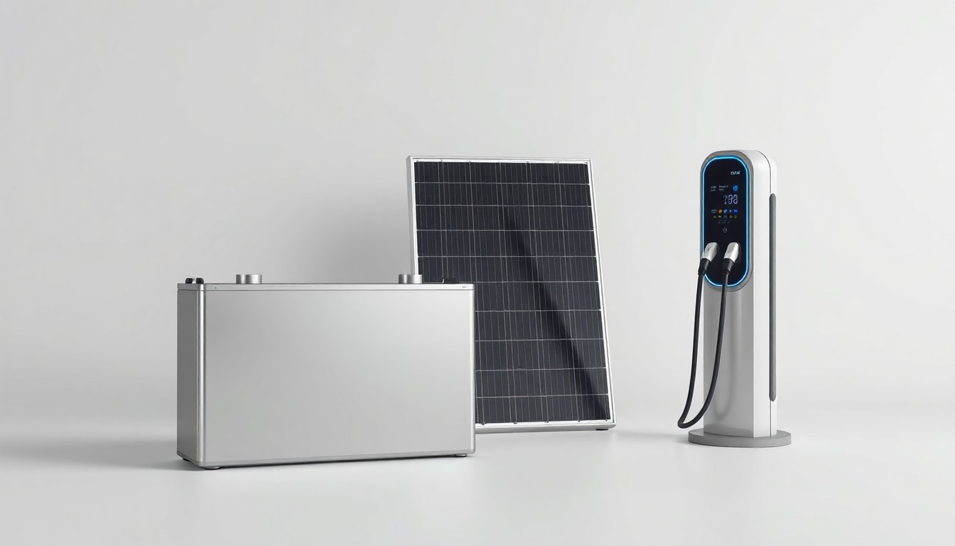 A photorealistic studio still life featuring a polished metal battery pack, a solar panel, and an electric vehicle charging station, symbolizing the renewable energy and cost-saving benefits of the Monterey County Sheriff's Office's new project.