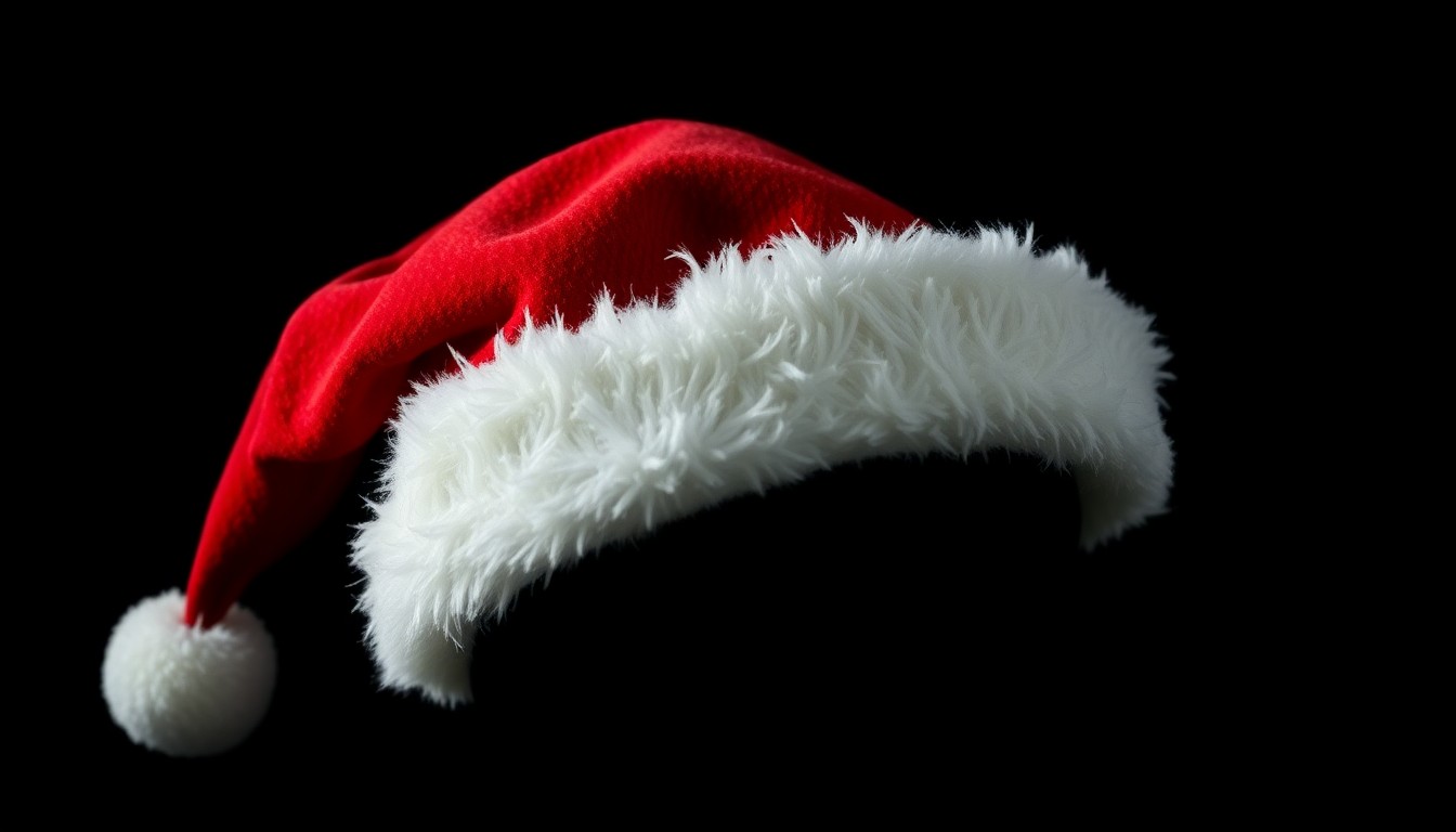An extreme close-up photograph of a crumpled Santa Claus hat against a pitch-black background, the harsh flash creating a stark, gritty aesthetic that evokes a sense of investigation and disappointment.