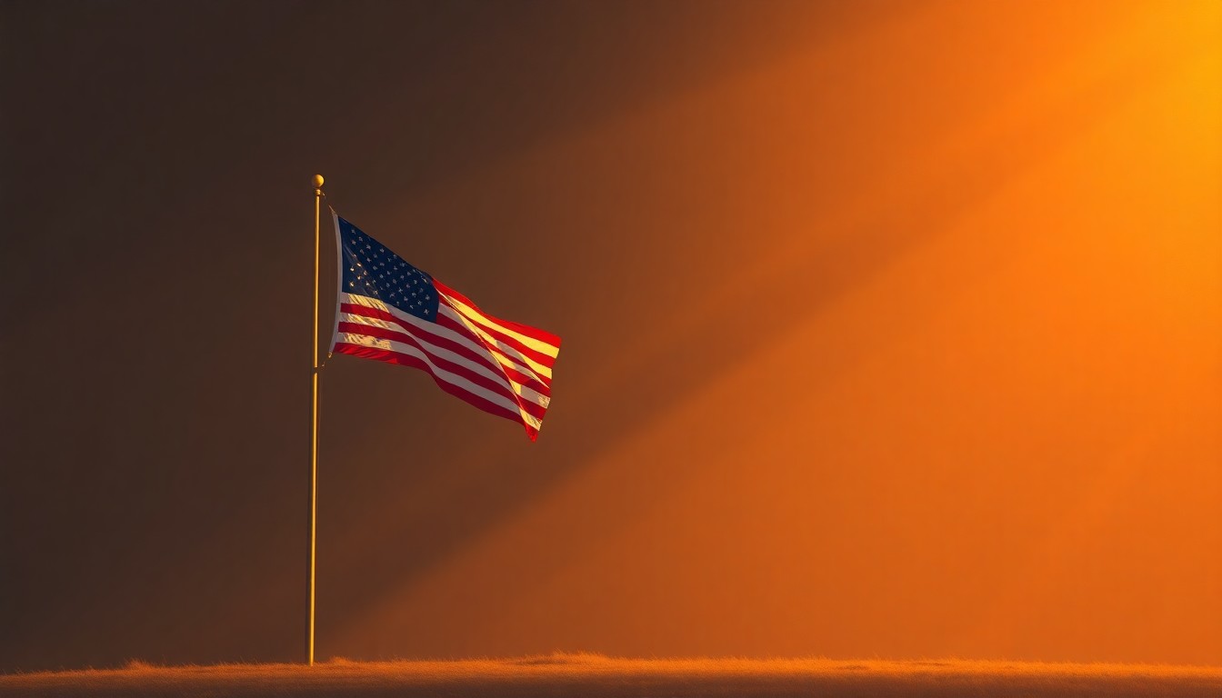 A serene, painterly image of an American flag waving in the sunlight, capturing the quiet importance of trade policy for rural communities.
