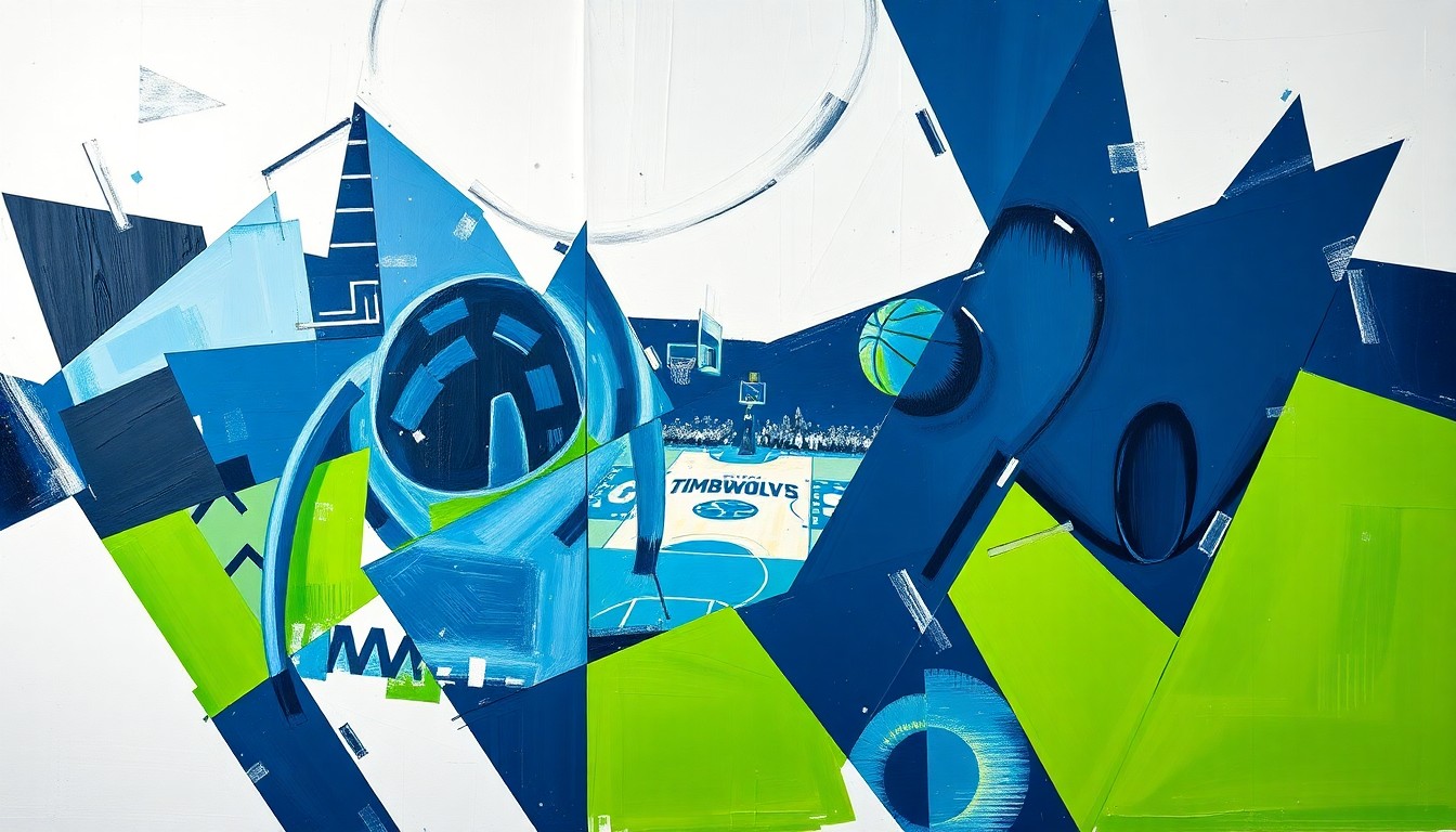 A fragmented, geometric painting depicting a basketball player in motion, with sharp planes of navy blue, lime green, and white representing the Timberwolves' team colors and the dynamic energy of the game.