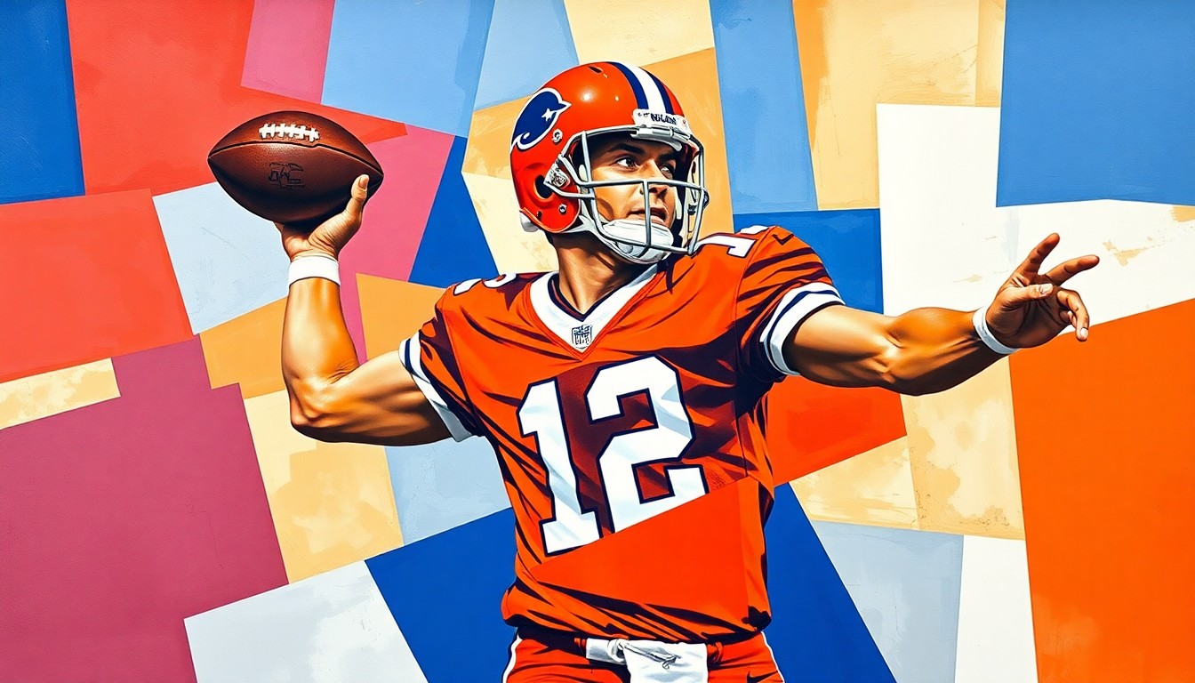 A fractured, geometric painting depicting the overlapping planes and angles of a football quarterback's throwing motion, rendered in a cubist style with bold colors.