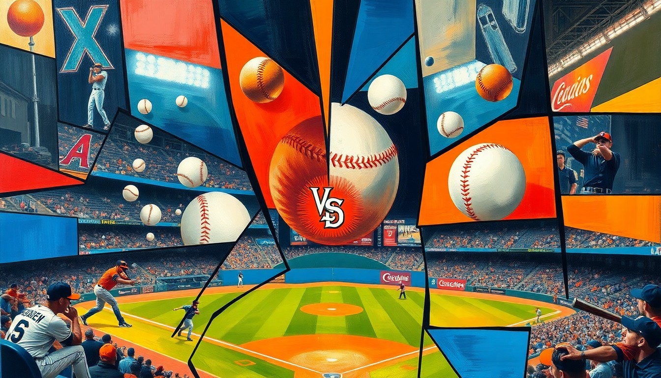 A fragmented, geometric painting depicting the climactic moments of a baseball game, with players, baseballs, and stadium elements rendered in a vibrant, abstract style.