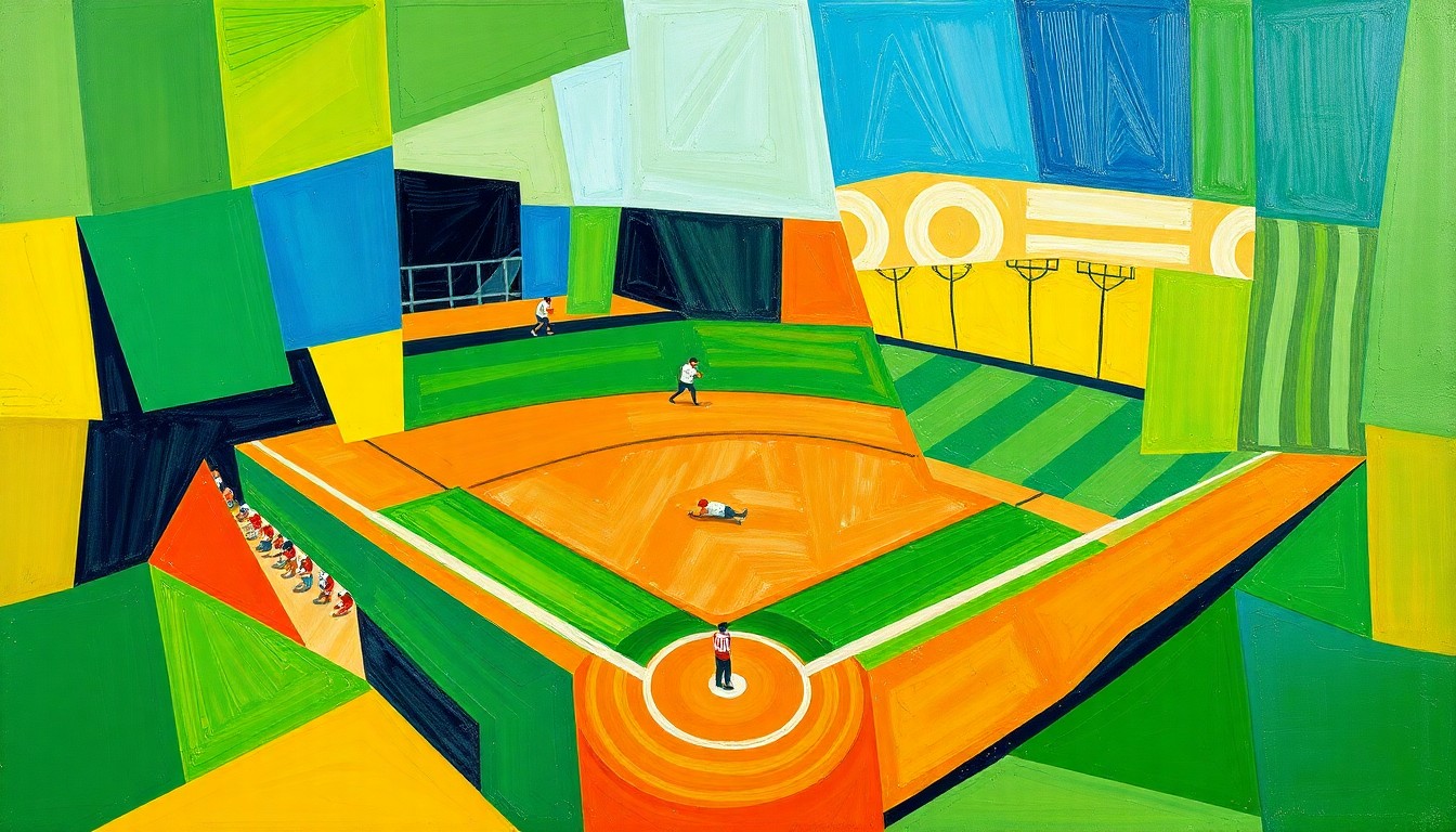 A fractured, geometric painting depicting the dynamic movements and perspectives of a softball game, with sharp planes of green, blue, and orange intersecting to create an abstract, energetic composition.