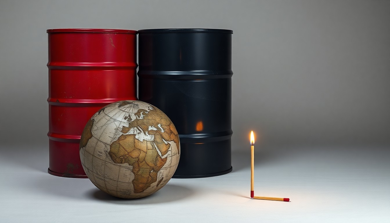 A high-end, photorealistic studio still-life photograph featuring a stack of oil barrels, a cracked and weathered globe, and a single lit match, arranged elegantly on a clean, monochromatic background to symbolize the disruption to global energy markets from the Iran war.
