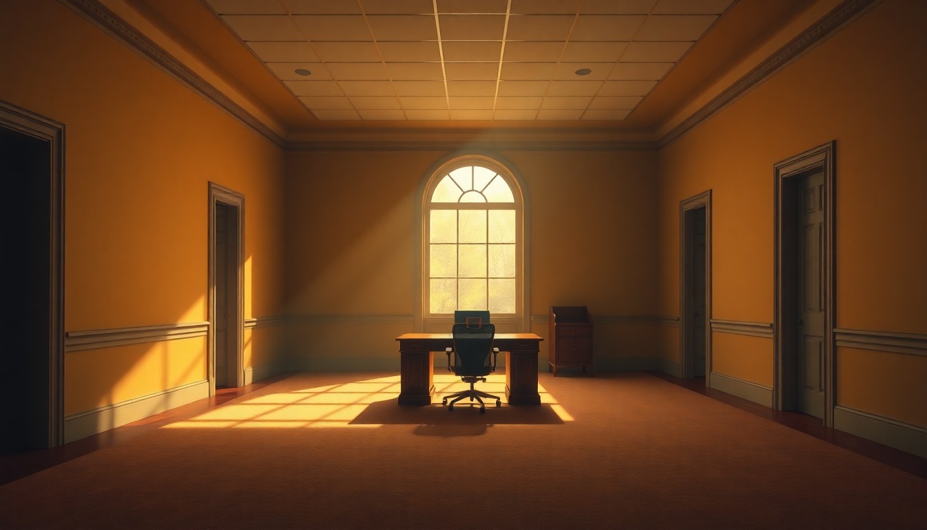 A serene, cinematic painting of an empty government office space, with a lone desk and chair bathed in warm, diagonal sunlight, conveying a sense of transition and uncertainty surrounding the departure of key election officials.