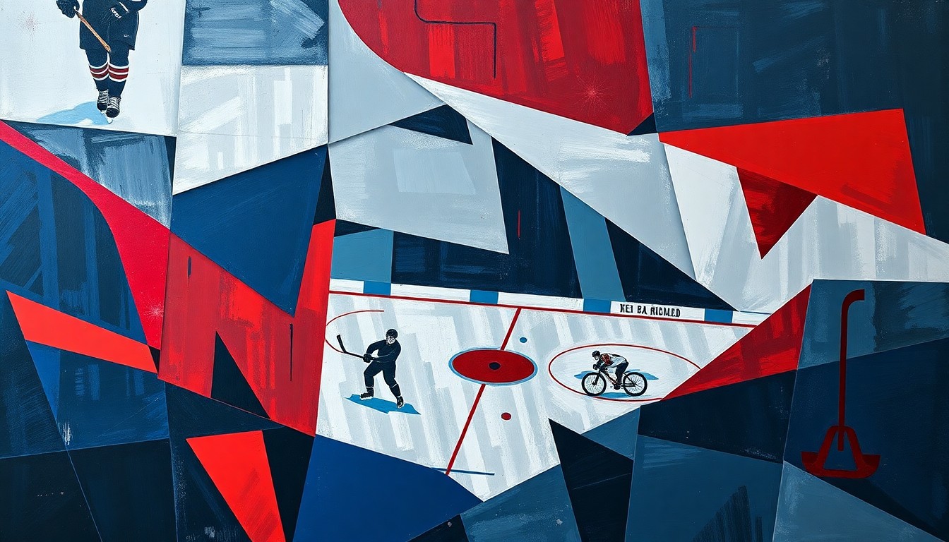 A fractured, cubist-style painting depicting the chaotic action of a hockey game, with players and the puck broken down into sharp, overlapping geometric shapes in a palette of navy, crimson, and grey, conceptually representing the Blackhawks' rebuilding process.