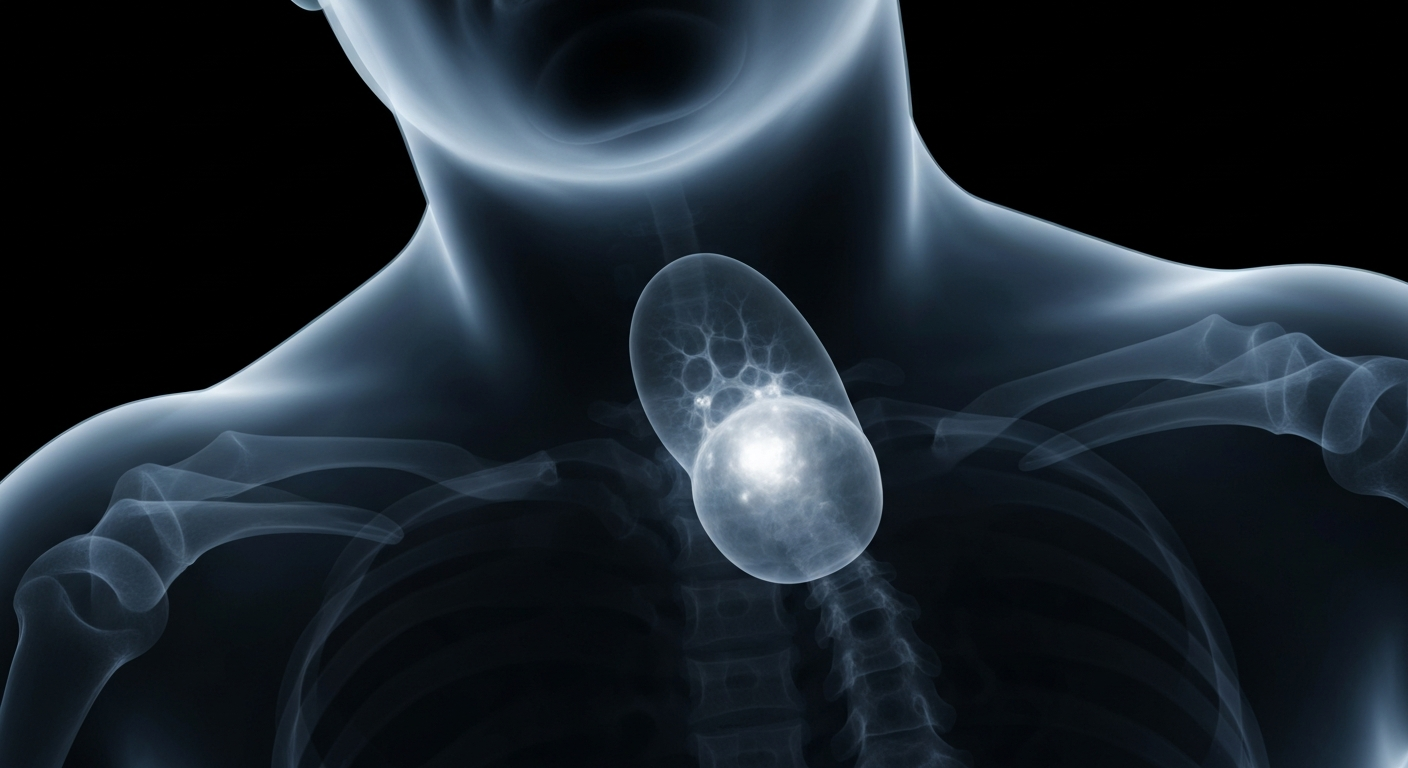 A translucent, ghostly X-ray image revealing the internal structure of the human esophagus, with a faint glow highlighting the presence of a tumor, conveying the hidden medical struggle the patient is facing.