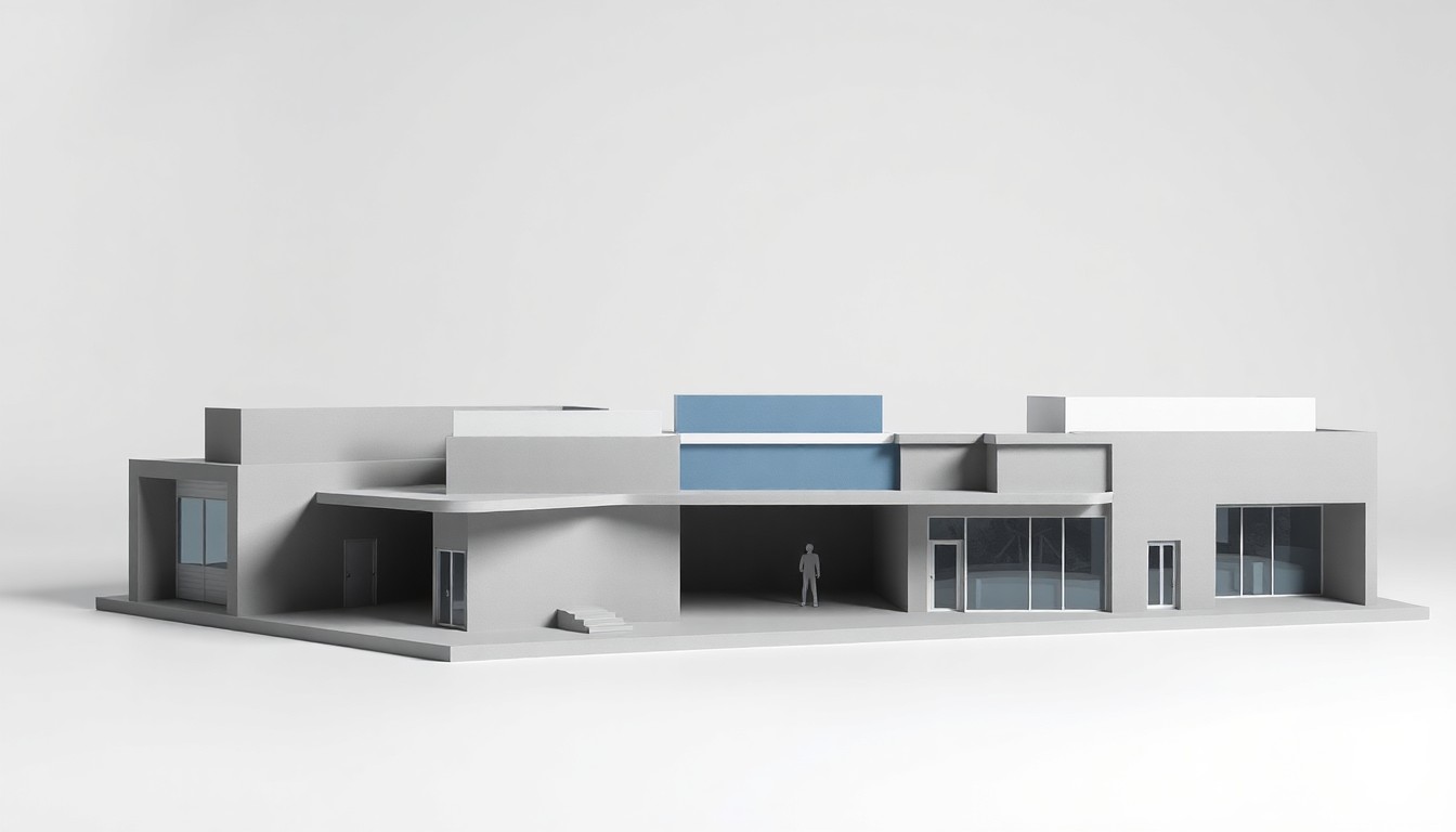 A high-end, photorealistic studio still-life photograph featuring a series of sleek, geometric architectural models in muted shades of gray, blue, and white, representing the planned upgrades to the Panama City downtown breezeway. The models are arranged elegantly on a clean, monochromatic seamless background, using sharp, dramatic studio lighting and deep shadows to convey a sense of modern, functional design.