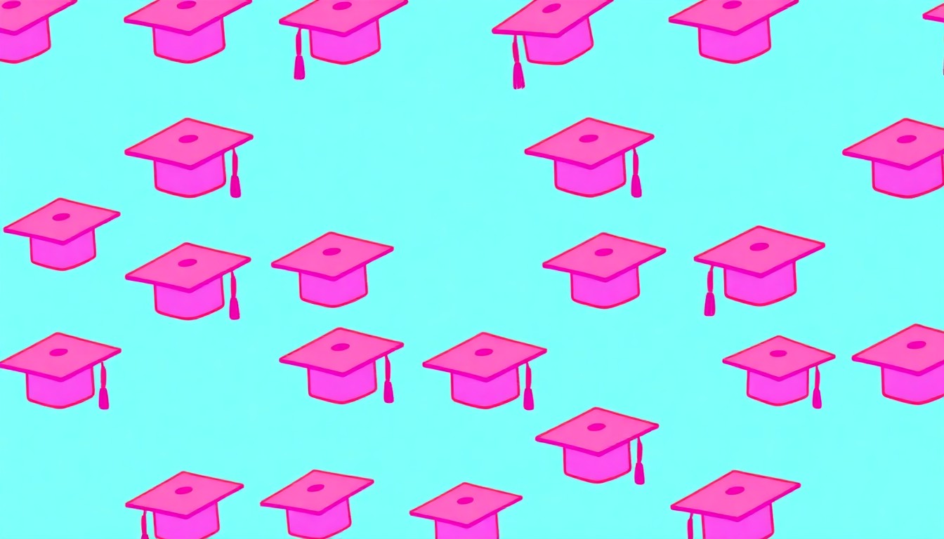 A bold, abstract grid of graduation cap icons in neon pink, yellow, and blue, conceptually representing the opportunity and energy of academic achievement.