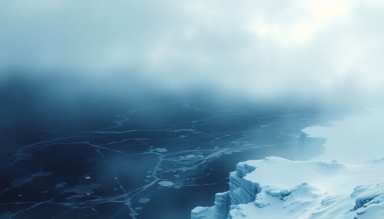 A vast, frozen seascape in shades of white and gray, with only the faintest outlines of land and ice visible through the heavy fog and blowing snow, conveying the overwhelming scale and power of the natural environment.