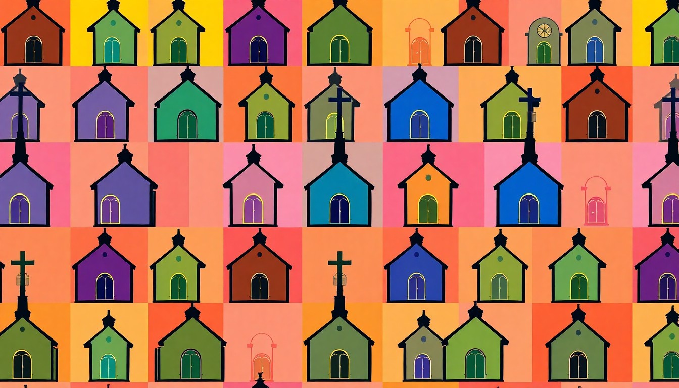 A brightly colored, high-contrast silkscreen print of a stylized church building icon repeated in a tight grid pattern, representing the expansion of a faith-based child welfare program in West Virginia.