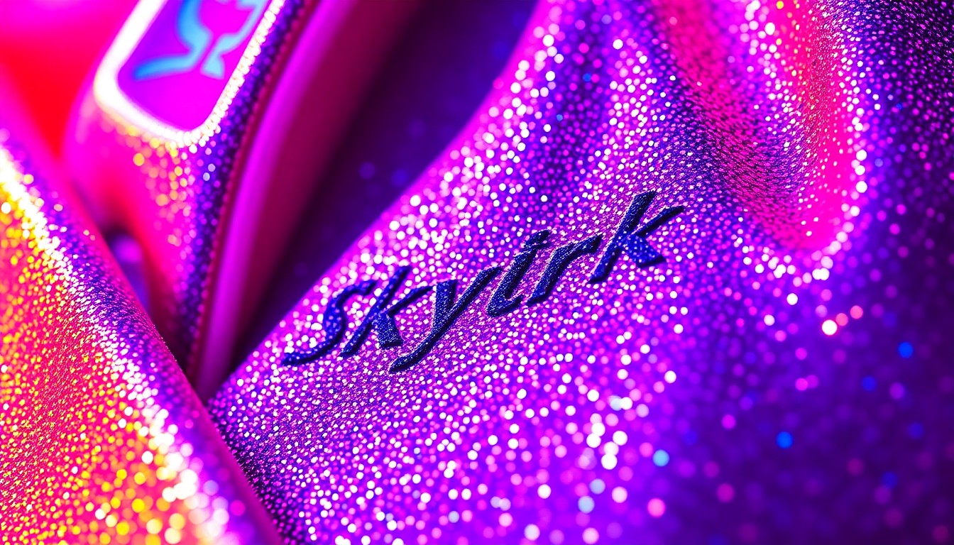 An extreme close-up photograph of shimmering, glittering Skylrk merchandise in vibrant colors like electric blue, neon pink, and metallic gold, captured with dramatic studio lighting to create a high-fashion, luxurious aesthetic.