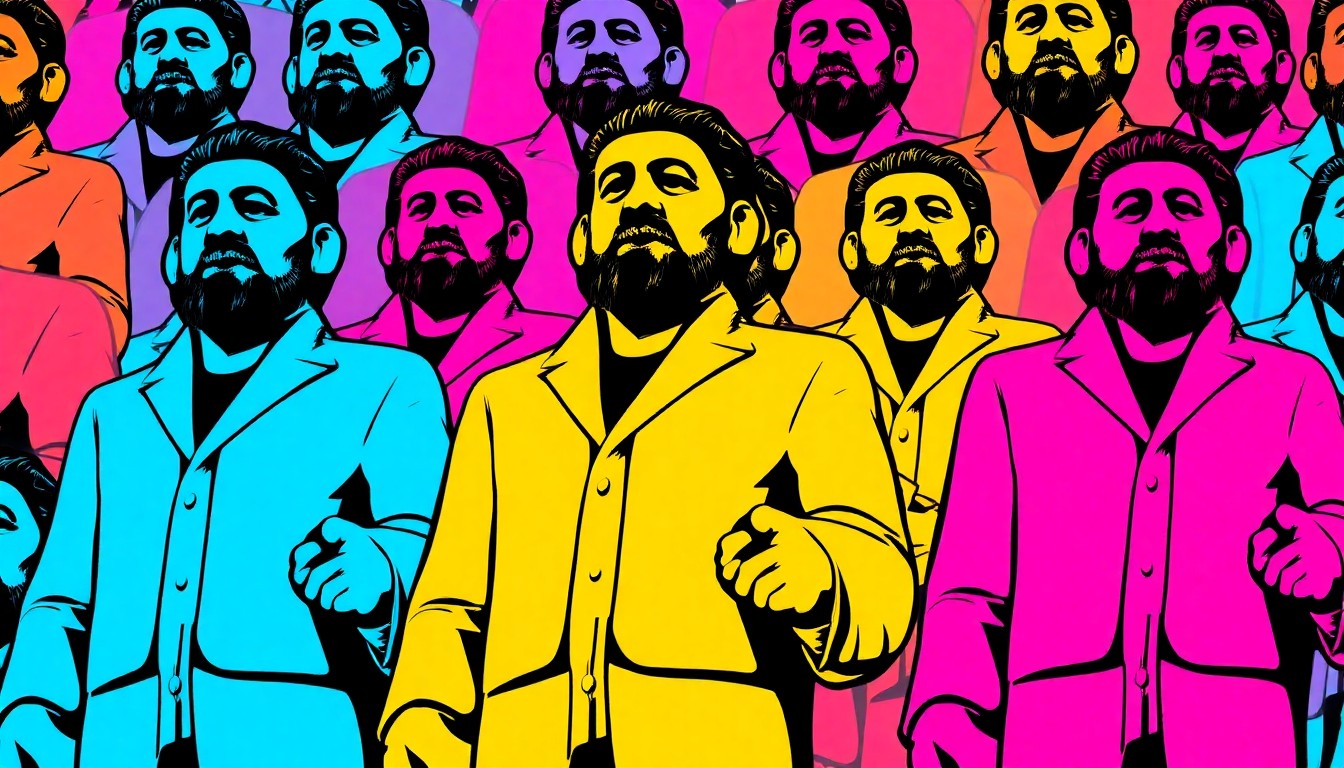 A vibrant, high-contrast silkscreen print featuring the iconic Big John statue repeated in a grid pattern, with bold neon colors and heavy black outlines, capturing the statue's status as a beloved community landmark.