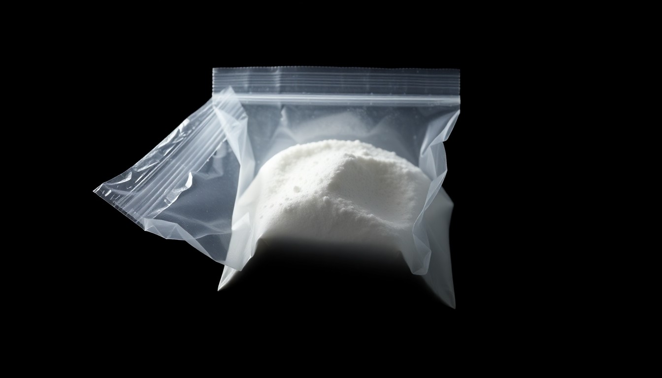 An extreme close-up of a small plastic bag containing a white powdery substance, starkly lit by a harsh camera flash against a pitch-black background, conveying the serious, investigative nature of this tragic case.
