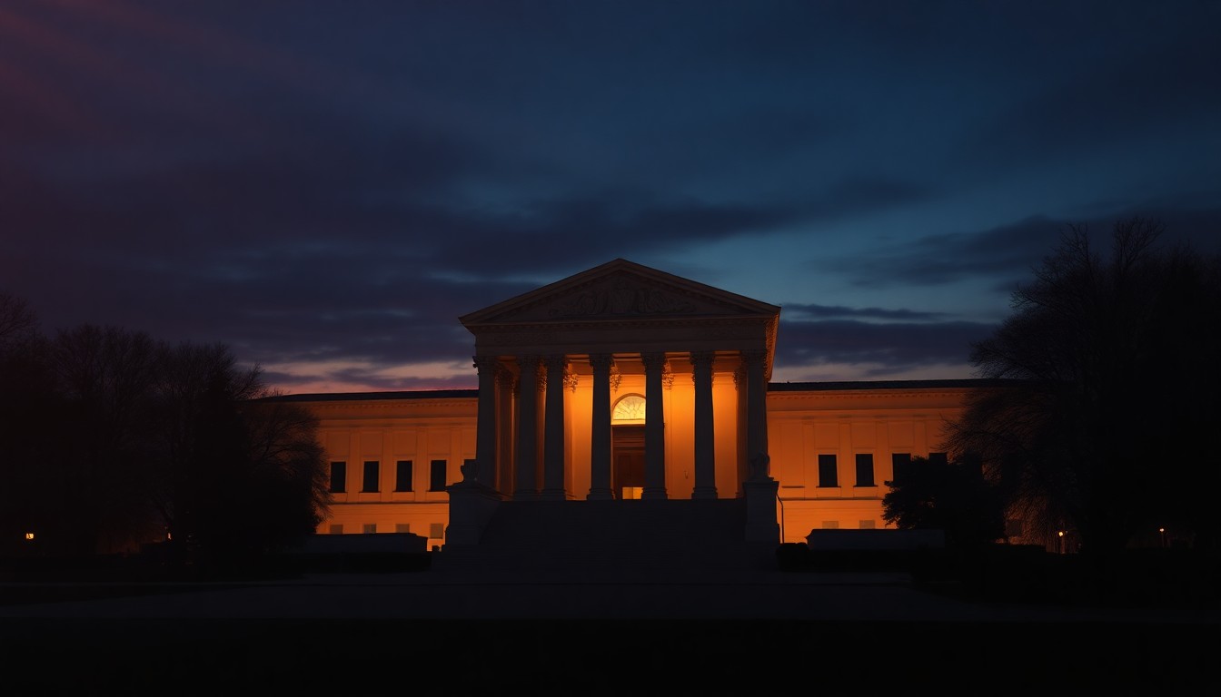 A dimly lit, cinematic painting of the Supreme Court building at dusk, with warm sunlight and deep shadows creating a sense of institutional solemnity and unease.