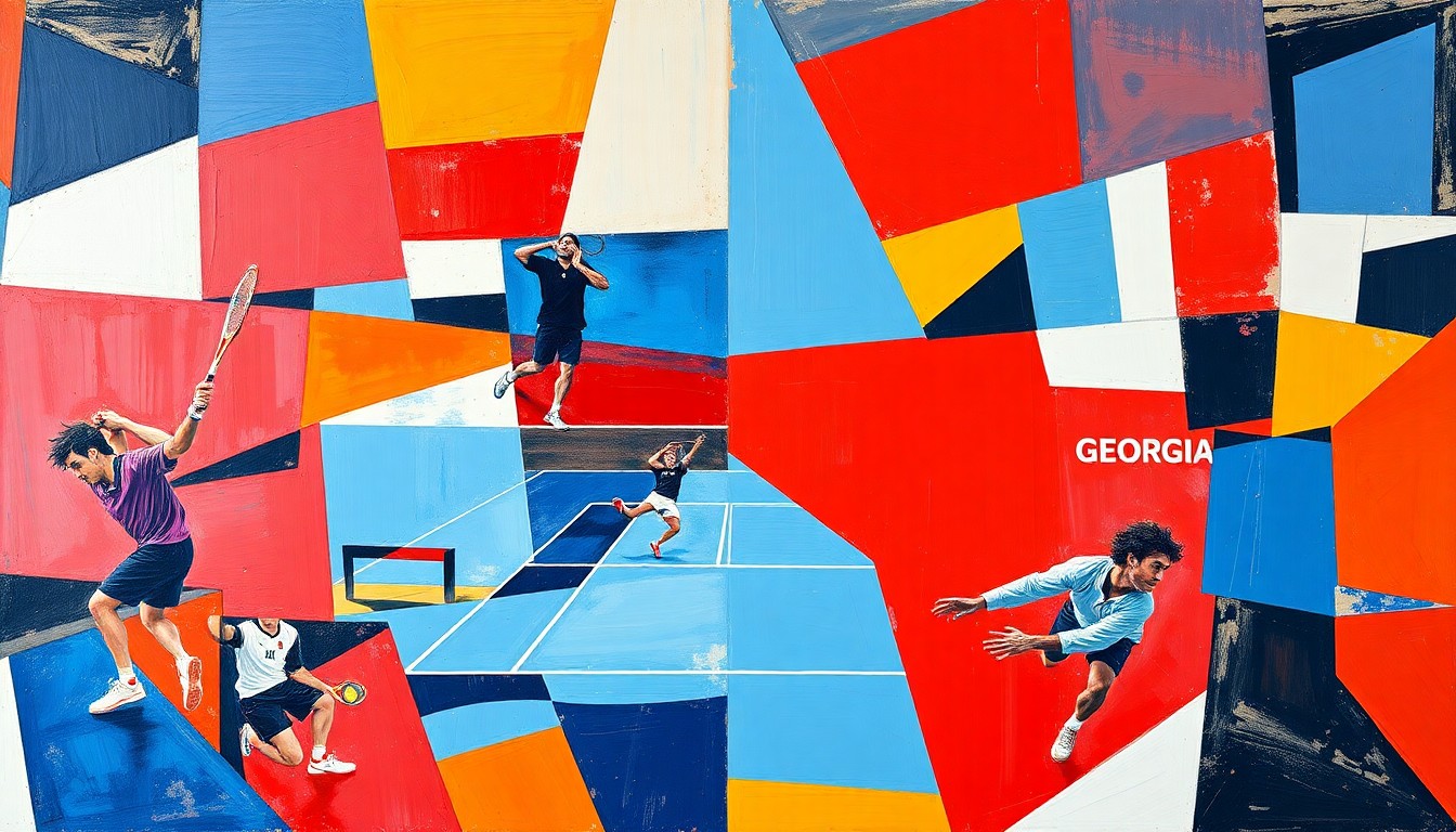 A cubist, geometric painting depicting a men's tennis match, with the court and players fractured into sharp, overlapping planes of color in Georgia's red and blue, and Kentucky's blue and white.
