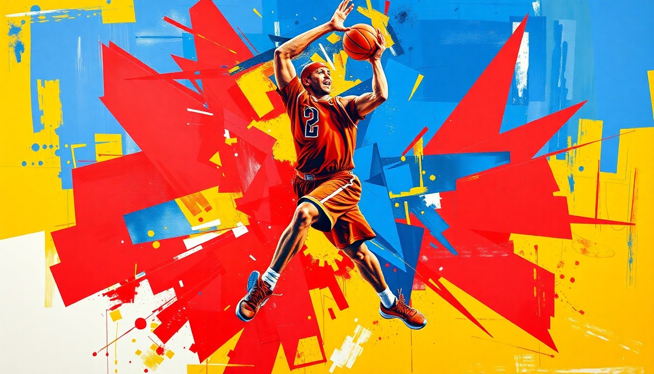 A dynamic, cubist-style illustration depicting the motion and energy of a basketball player, with sharp, overlapping geometric shapes in a vibrant color palette conceptually representing the historic milestone of a Quebec-born player being drafted to the WNBA.