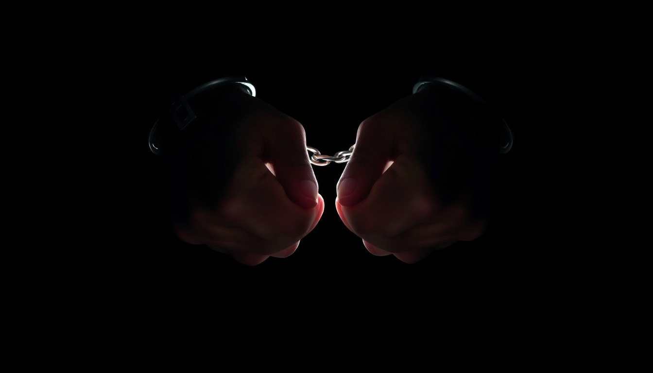 An extreme close-up photograph of a pair of handcuffed hands against a pitch-black background, lit by a harsh, direct camera flash, conceptually representing the arrest of an online child predator during a law enforcement sting operation.