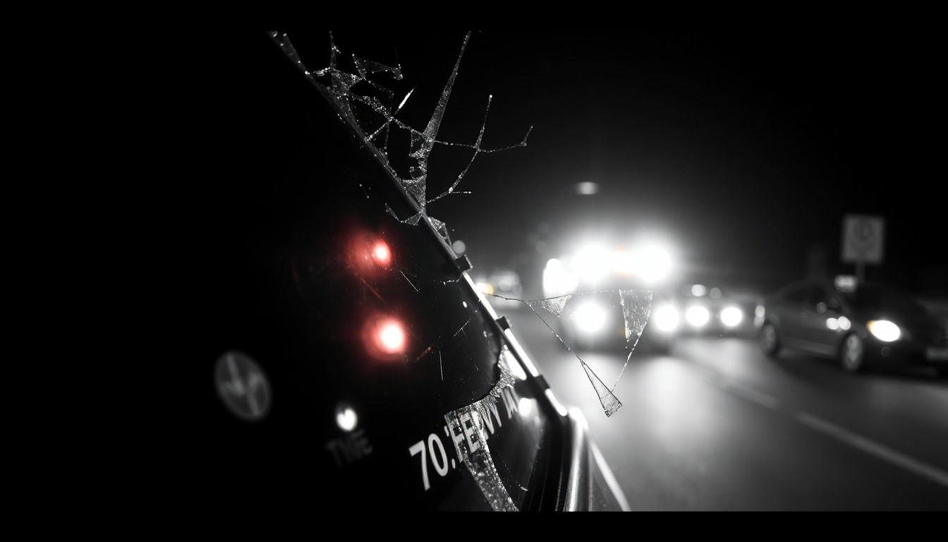 An extreme close-up photograph of a shattered car windshield or broken side mirror reflecting the flashing lights of emergency vehicles, captured in stark black and white with a harsh direct camera flash to conceptually illustrate the aftermath of a serious intersection collision.
