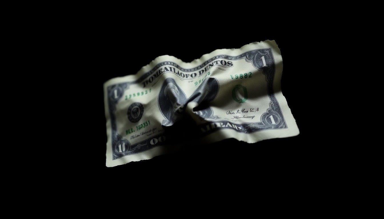 An extreme close-up photograph of a crumpled dollar bill or torn charity donation envelope, lit by a harsh, direct camera flash against a pitch-black background, creating a stark, gritty, investigative aesthetic.