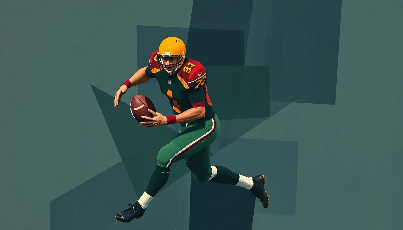 A fragmented, geometric painting depicting a football player in motion, broken down into sharp, overlapping planes of navy, green, and orange, conceptually representing the mental health battles that can impact athletic performance.