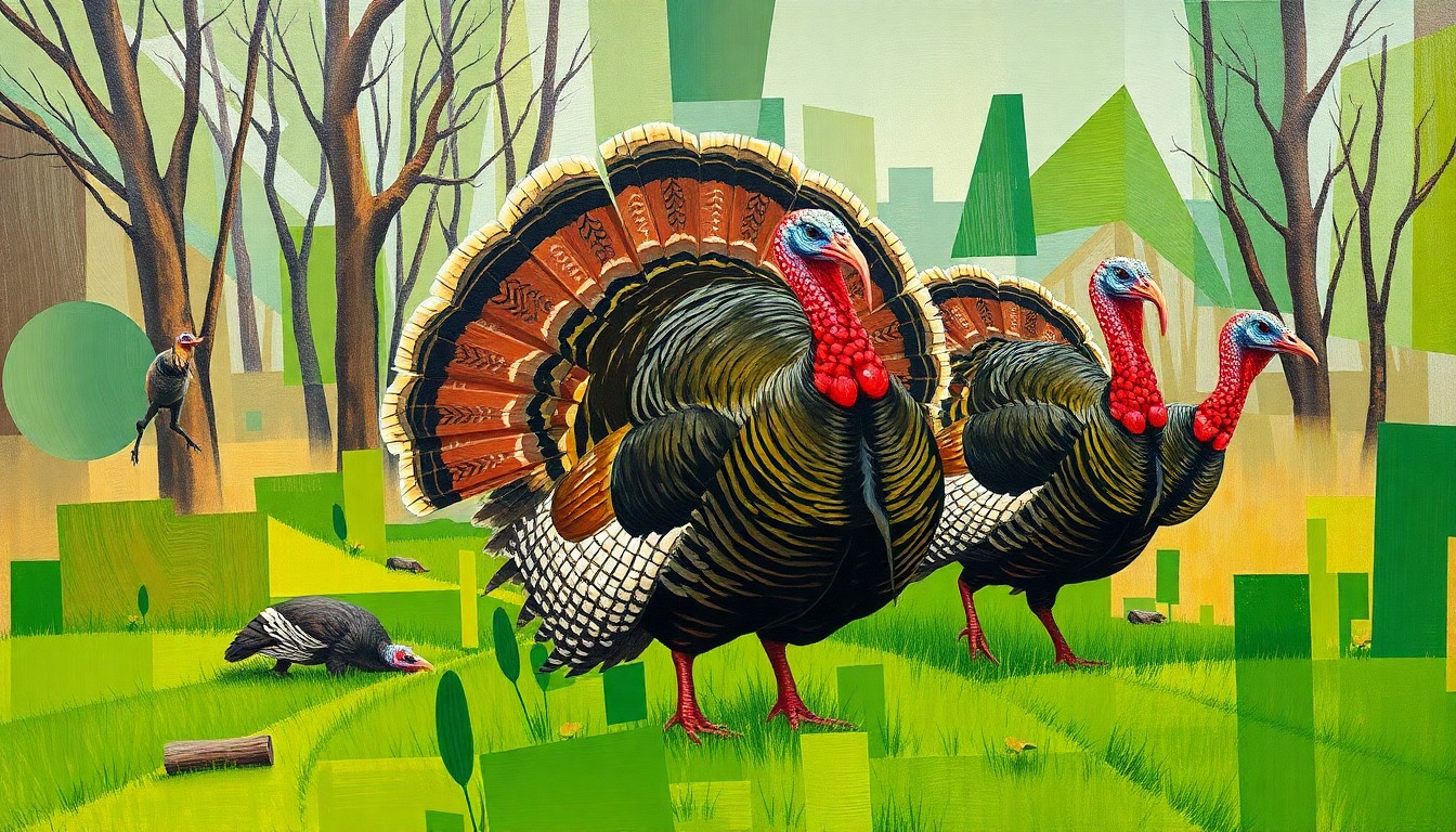 A fragmented, geometric painting depicting a spring turkey hunt, with sharp, overlapping planes of color representing the complex interplay between the hunter and the bird.