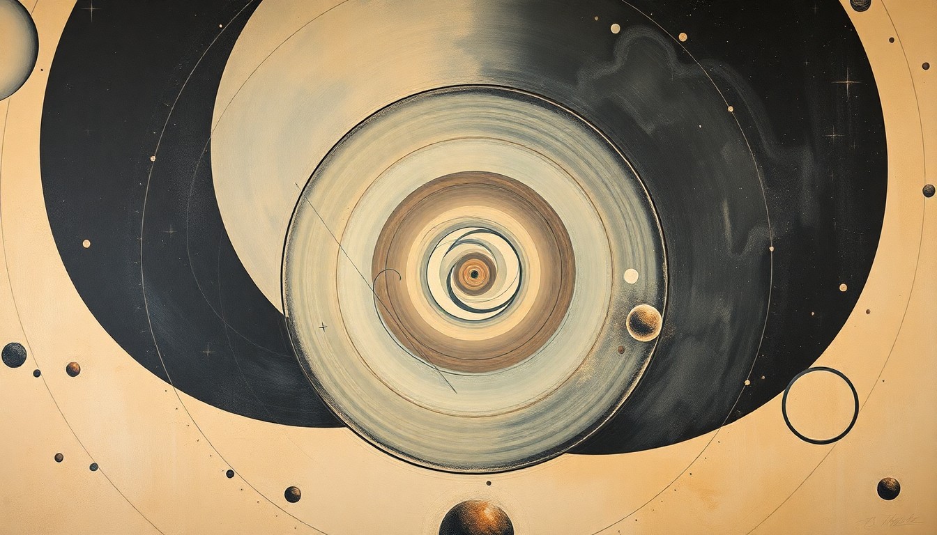 A bold, abstract painting in soft blues, greens, and grays, featuring sweeping geometric arcs, concentric circles, and precise spirals, conceptually representing the complex forces and concepts of space exploration.