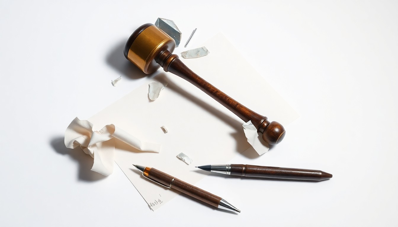 A minimalist studio still life photograph featuring a shattered glass gavel, a crumpled legal document, and a broken pen, conceptually representing the financial and legal fallout from a failed IPO.
