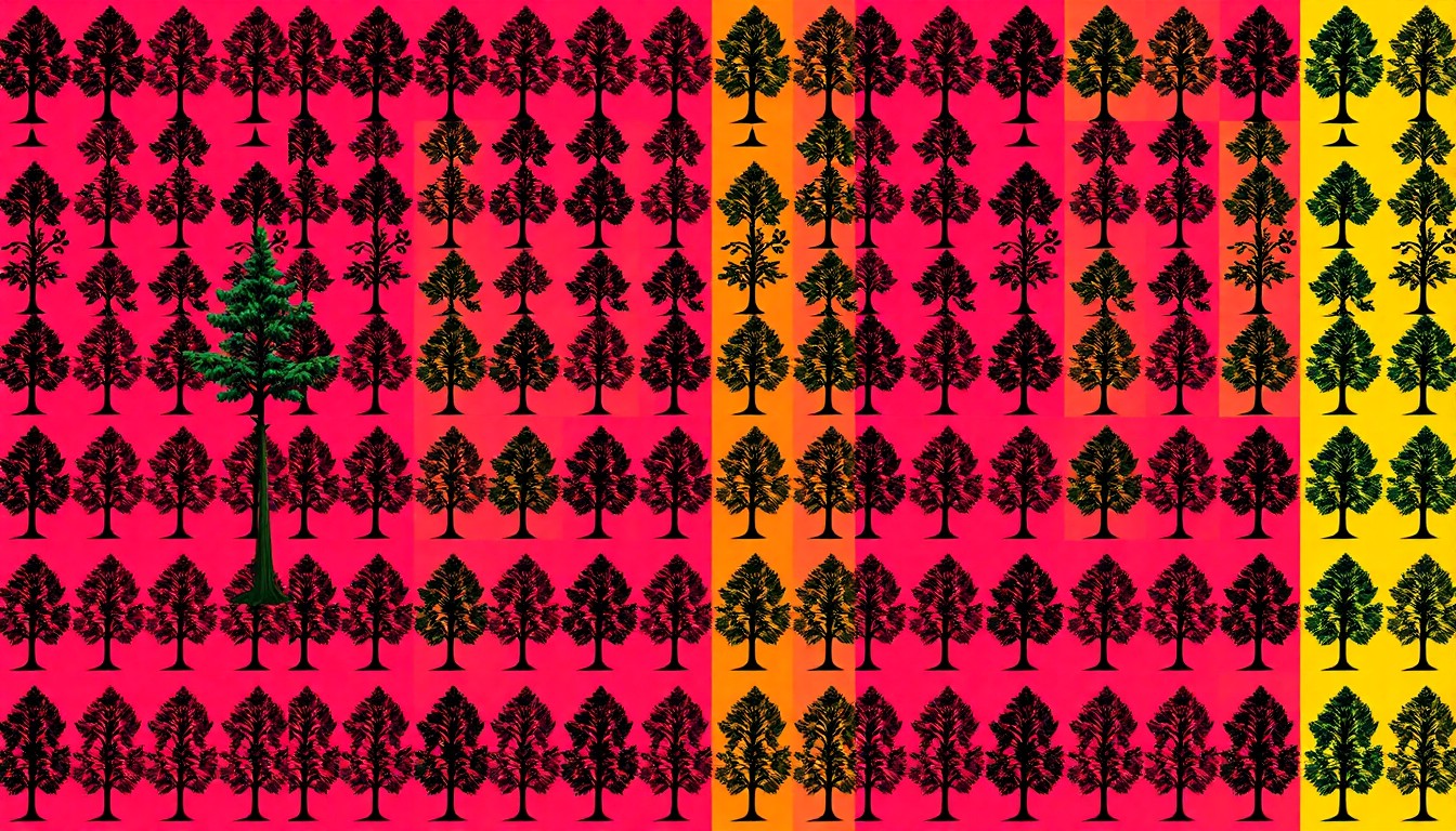 A brightly colored, high-contrast silkscreen print of a single, iconic tree sapling repeated in a tight grid pattern, utilizing flat, vibrant, and unnatural neon color palettes overlapping with heavy black photographic outlines to turn an everyday tree into modern pop art.