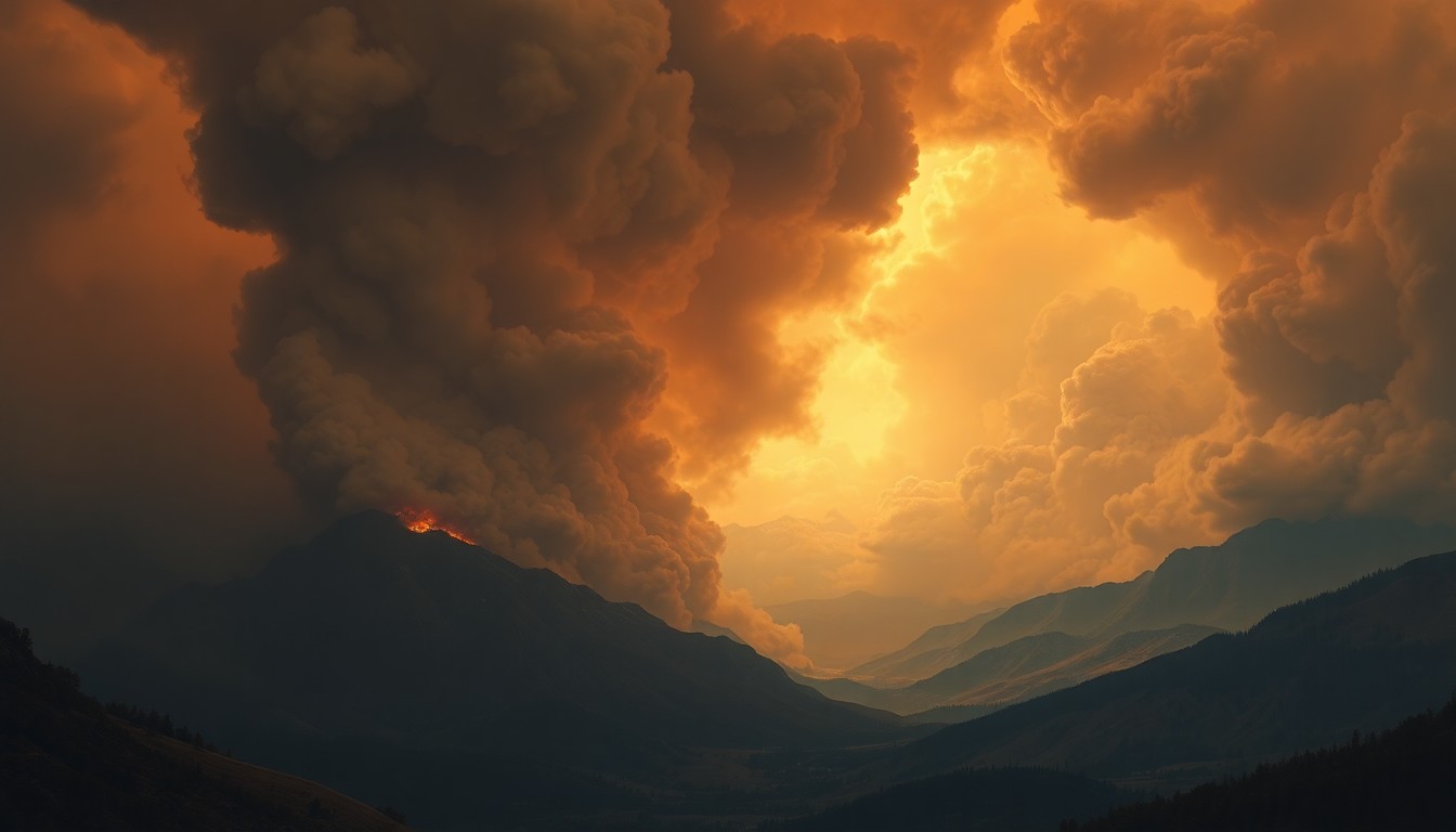 A vast, majestic landscape painting in muted earth tones, with billowing smoke plumes rising up and obscuring the horizon, conveying the overwhelming power and scale of an impending wildfire.