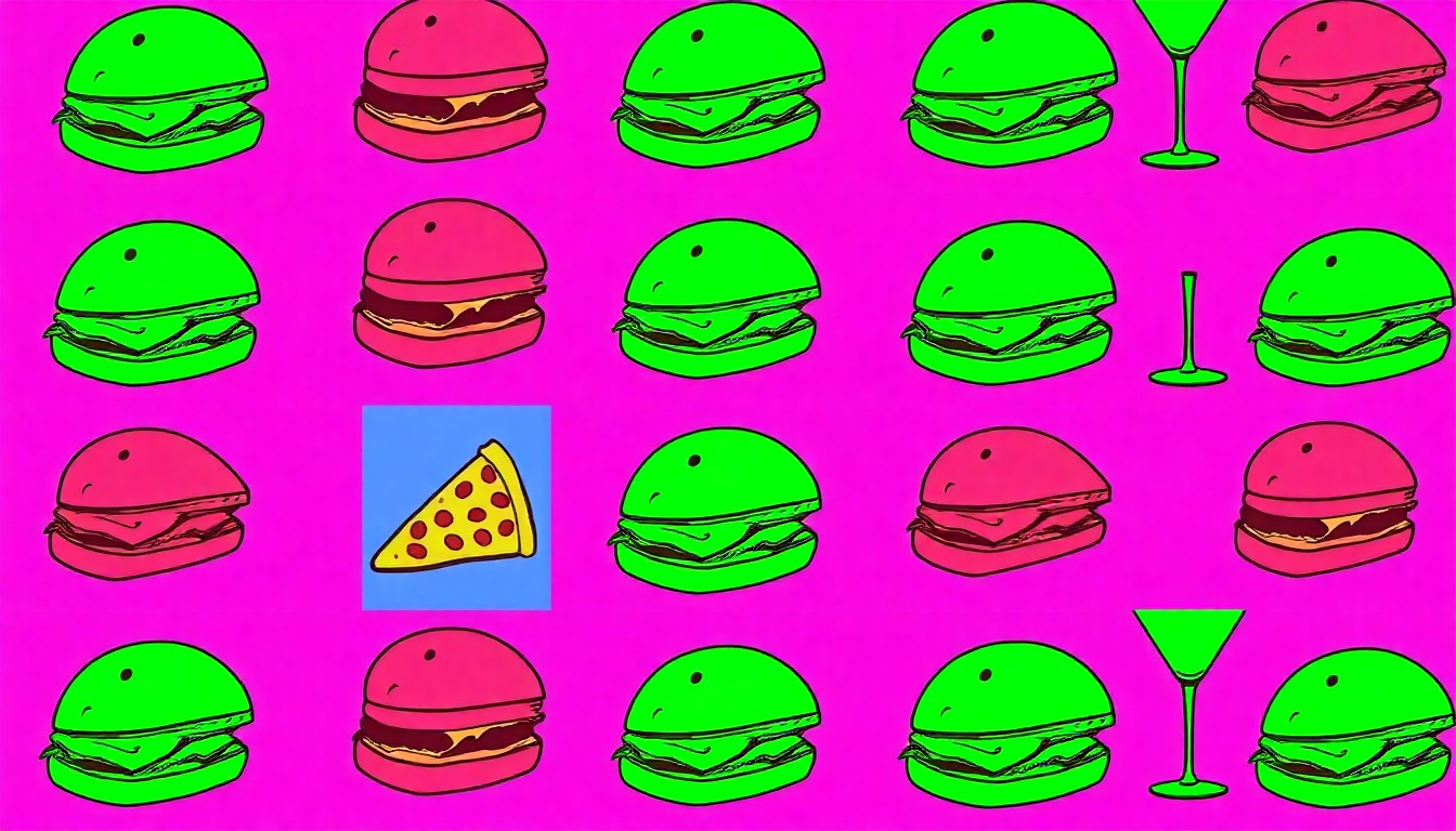 A brightly colored, high-contrast silkscreen print of a single, iconic food item such as a burger, pizza slice, or cocktail glass, repeated in a tight grid pattern, conceptually representing the variety of dining experiences available during Pulaski County Restaurant Week.