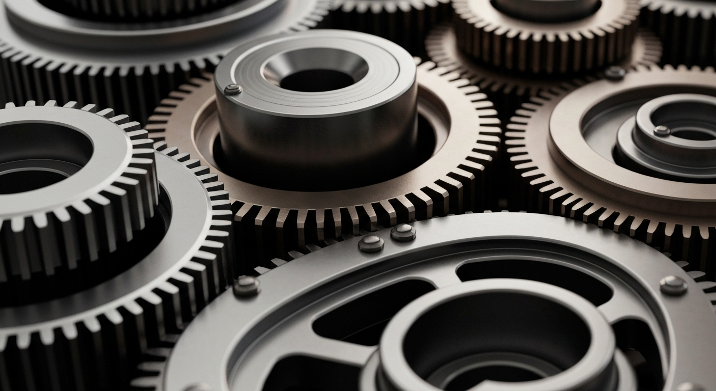 A highly detailed, macro-level image of heavy, metallic banking and finance equipment, conveying a sense of institutional strength and security without using any literal financial symbols.