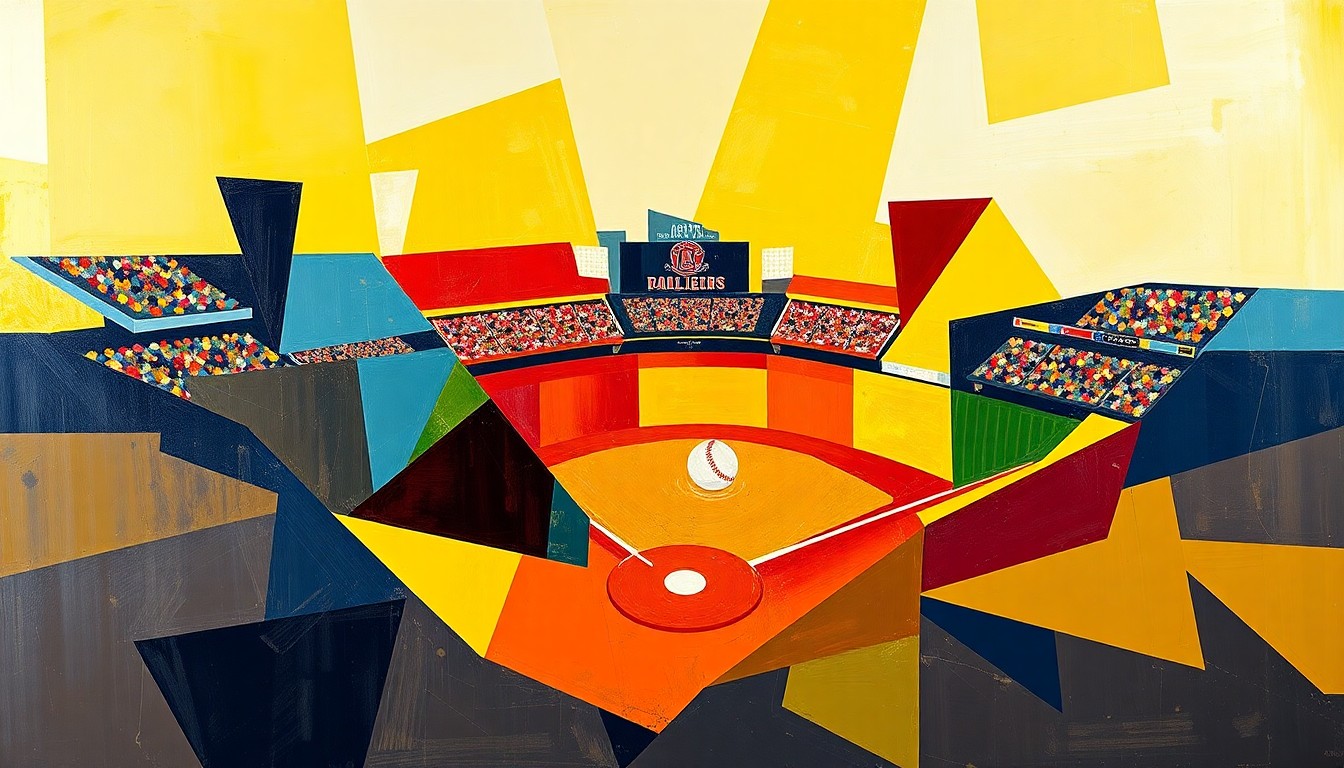 A cubist, geometric painting depicting a college baseball game, with the players and field broken down into sharp, overlapping planes of maroon, gold, and navy blue, capturing the raw energy and teamwork of the sport.