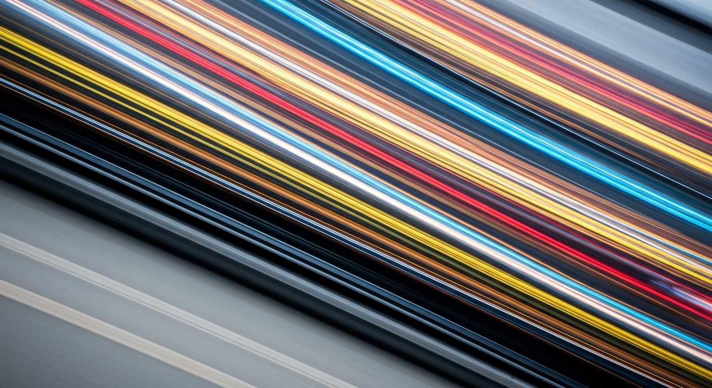 An abstract, colorful image depicting a Ford vehicle in motion, with blurred lines and shapes conveying a sense of speed, technology, and transformation.