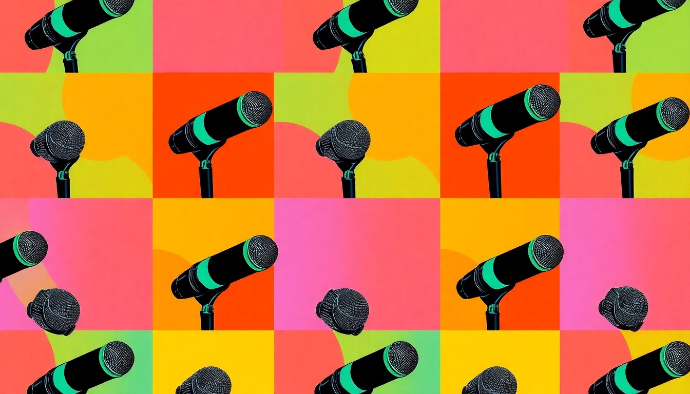 A vibrant, high-contrast silkscreen print featuring a repeated image of a choir microphone in a grid pattern, rendered in a bold, neon color palette that captures the energy and creativity of a student choir performance.