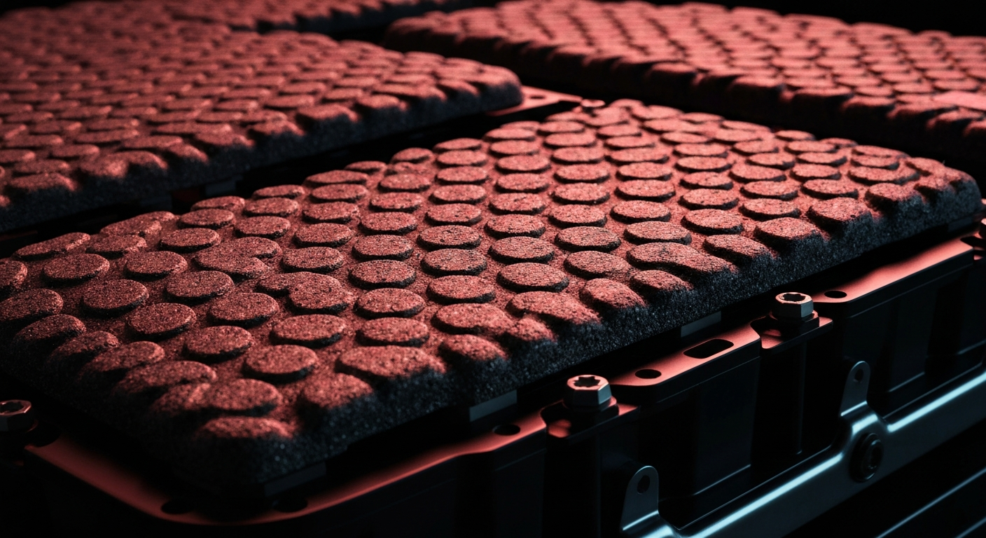 An extreme close-up photograph showing the intricate, textured surface of a Rivian electric vehicle battery pack, with vibrant colors and dramatic lighting highlighting the complex engineering of this repurposed energy storage component.