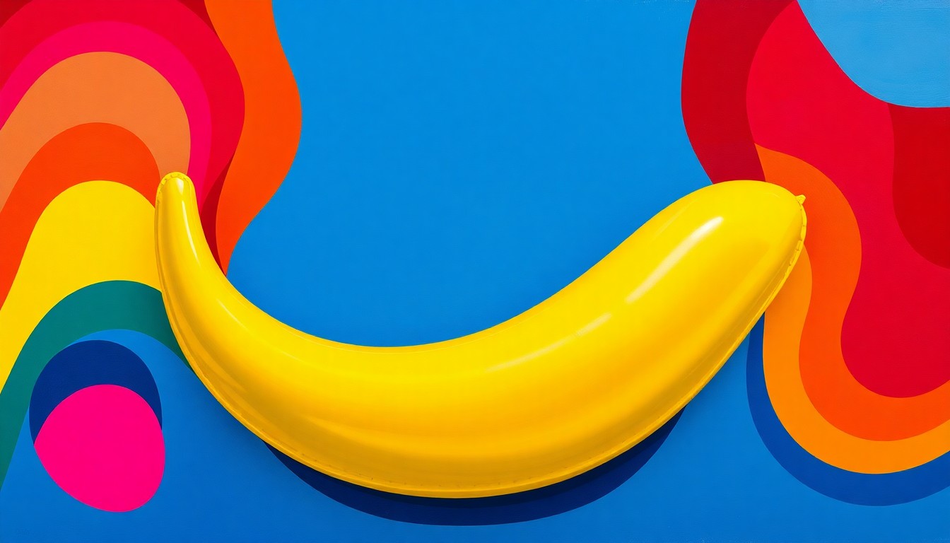 An abstract, fragmented painting in bold primary colors depicting an inflatable penis costume, conceptually representing the controversy over a protestor's unconventional attire.