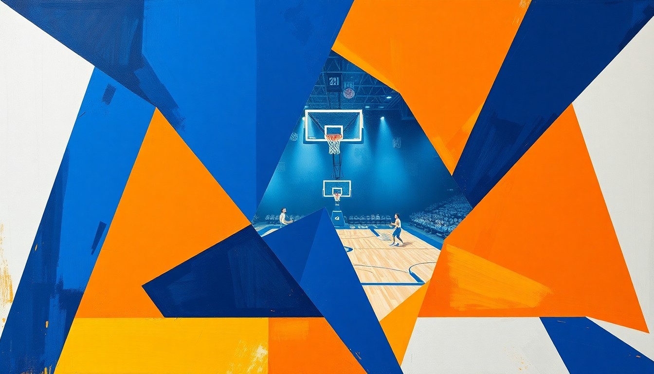 A cubist, geometric painting depicting the fractured, overlapping perspectives of a college basketball game, with sharp planes of vibrant blue, orange, and navy colors.