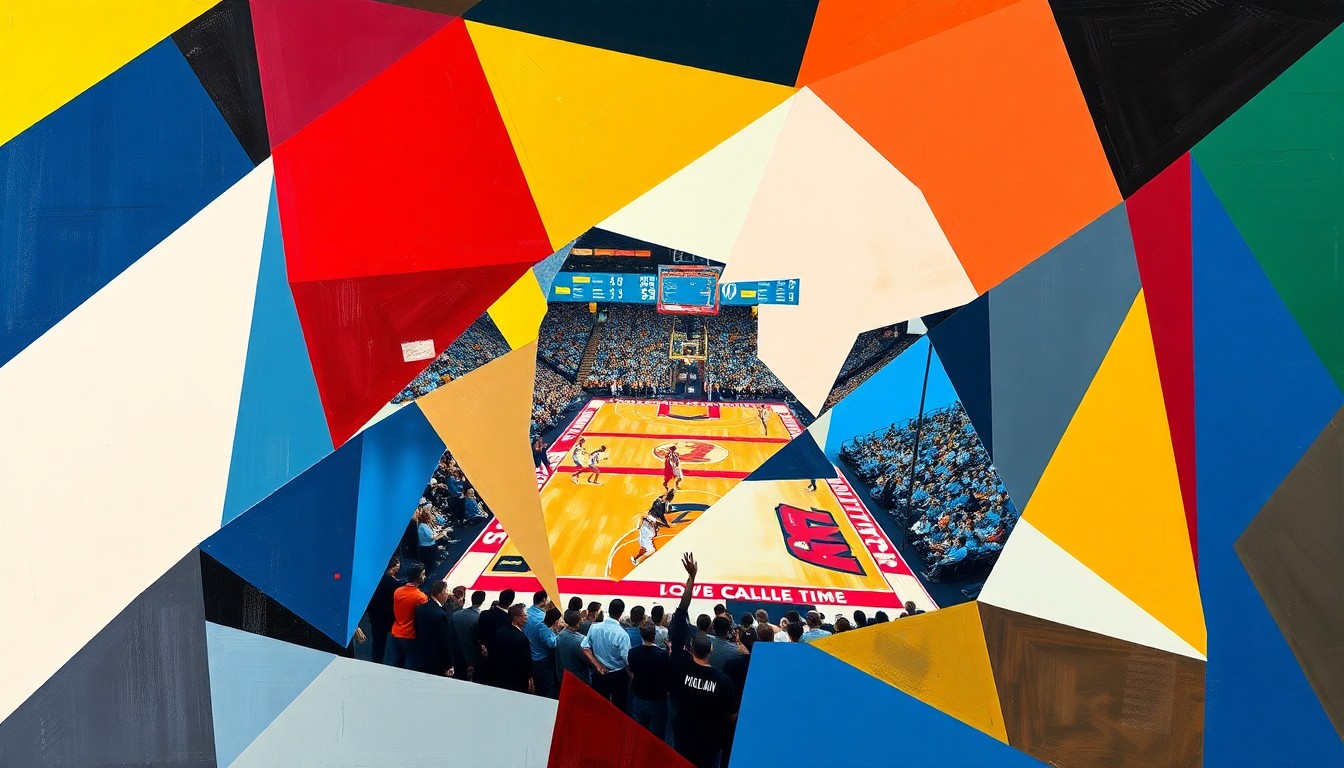 A cubist, geometric painting in the official colors of the Toledo Rockets and Marquette University, depicting the dynamic movements and energy of a college basketball game.