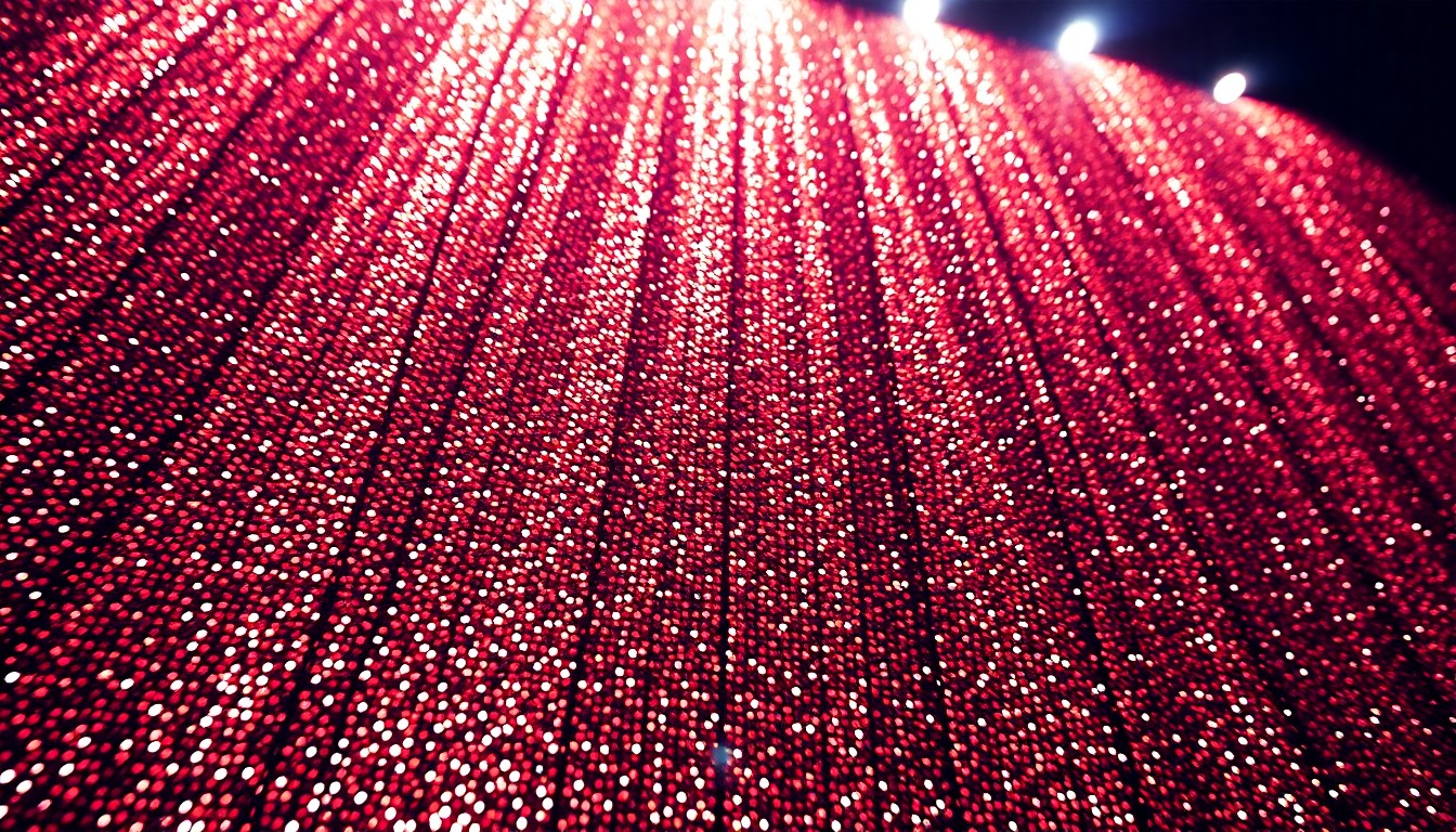 An extreme close-up photograph of shimmering, reflective sequins captured in dramatic, high-contrast studio lighting, conceptually representing the glamour and luxury of a major music festival stage.