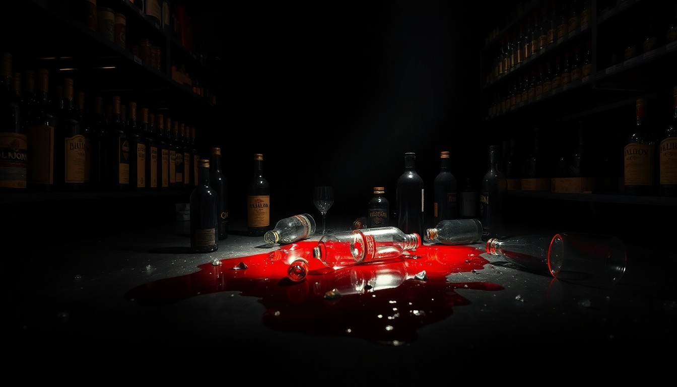 An extreme close-up photograph of broken glass bottles and a pool of blood on the floor of a liquor store, conveying the gritty aftermath of a violent confrontation.