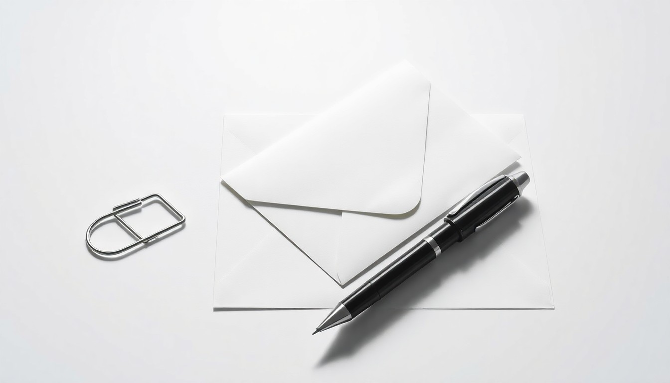 A photorealistic studio still-life featuring a carefully arranged composition of premium business objects like a silver paperclip, black pen, and white envelope on a clean, monochromatic background, conceptually representing the abstract corporate strategy and financial risks at the heart of the lawsuit.