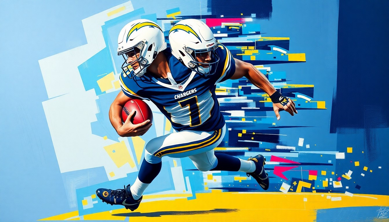 A cubist, geometric painting depicting a football player in mid-motion, with sharp, overlapping planes of navy blue, powder blue, and gold colors conceptually representing the Chargers' search for offensive talent.