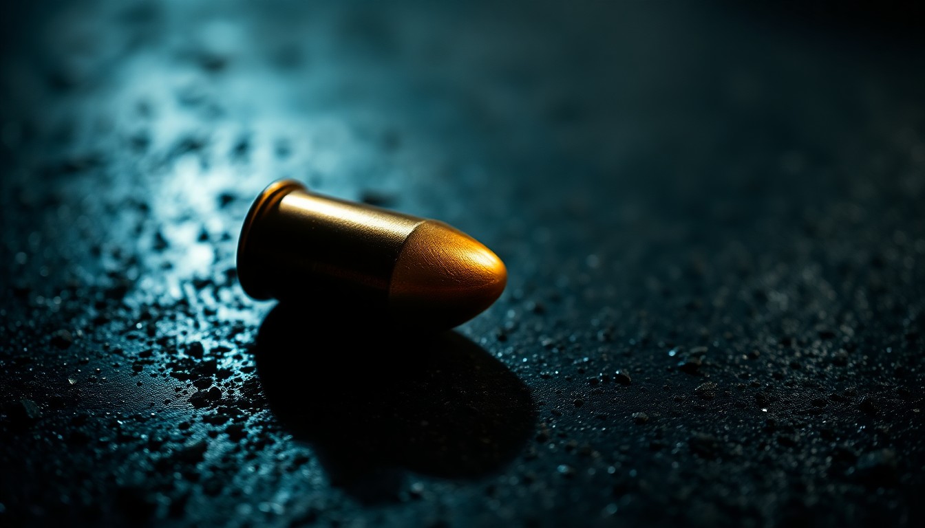 An extreme close-up photograph of a single spent bullet casing on a dark, gritty surface, lit by a harsh, direct camera flash, conceptually illustrating the surge of gun violence in St. Louis.