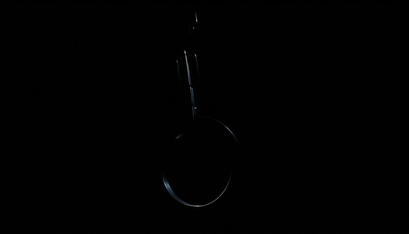 An extreme close-up of a single handcuff, reflecting a harsh, direct camera flash against a pitch-black background, creating a stark, gritty, investigative aesthetic.
