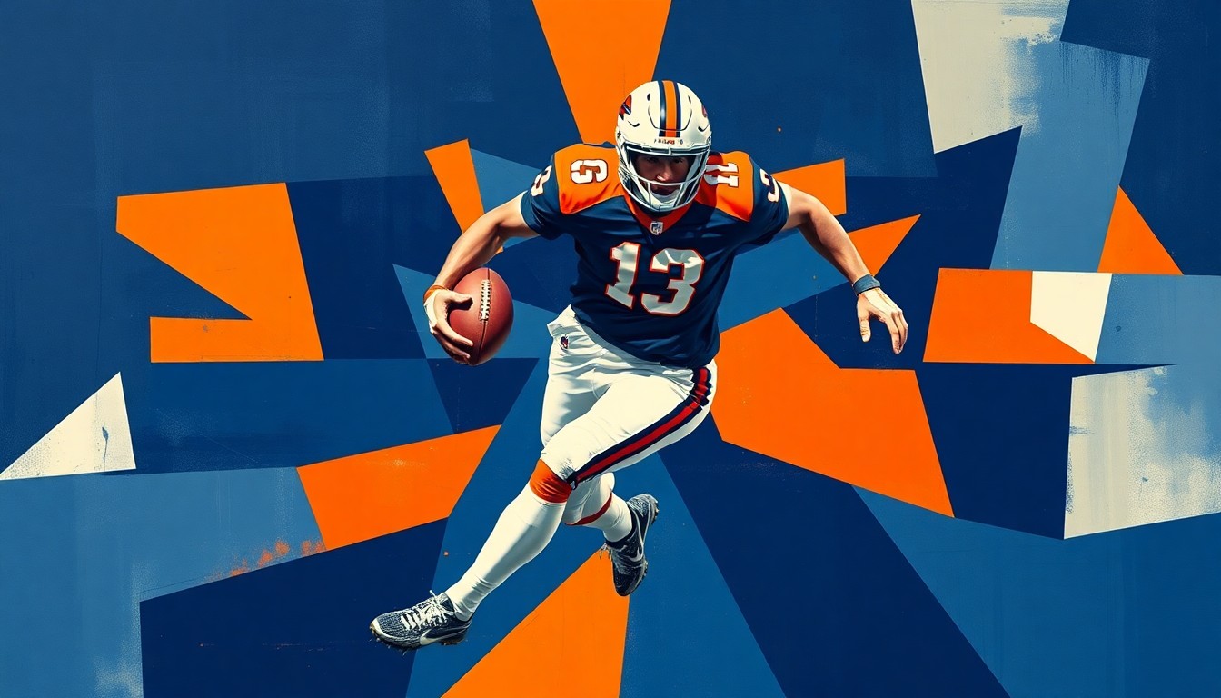 A fragmented, geometric painting depicting a football player in mid-motion, with sharp planes of navy blue, orange, and white overlapping to create a dynamic, abstract representation of a tight end's athleticism.