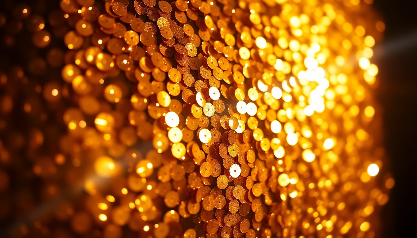 An extreme close-up photograph of glittering golden sequins reflecting dramatic, high-contrast studio lighting, creating an abstract, glamorous texture that evokes the energy and prestige of a major orchestral tour.