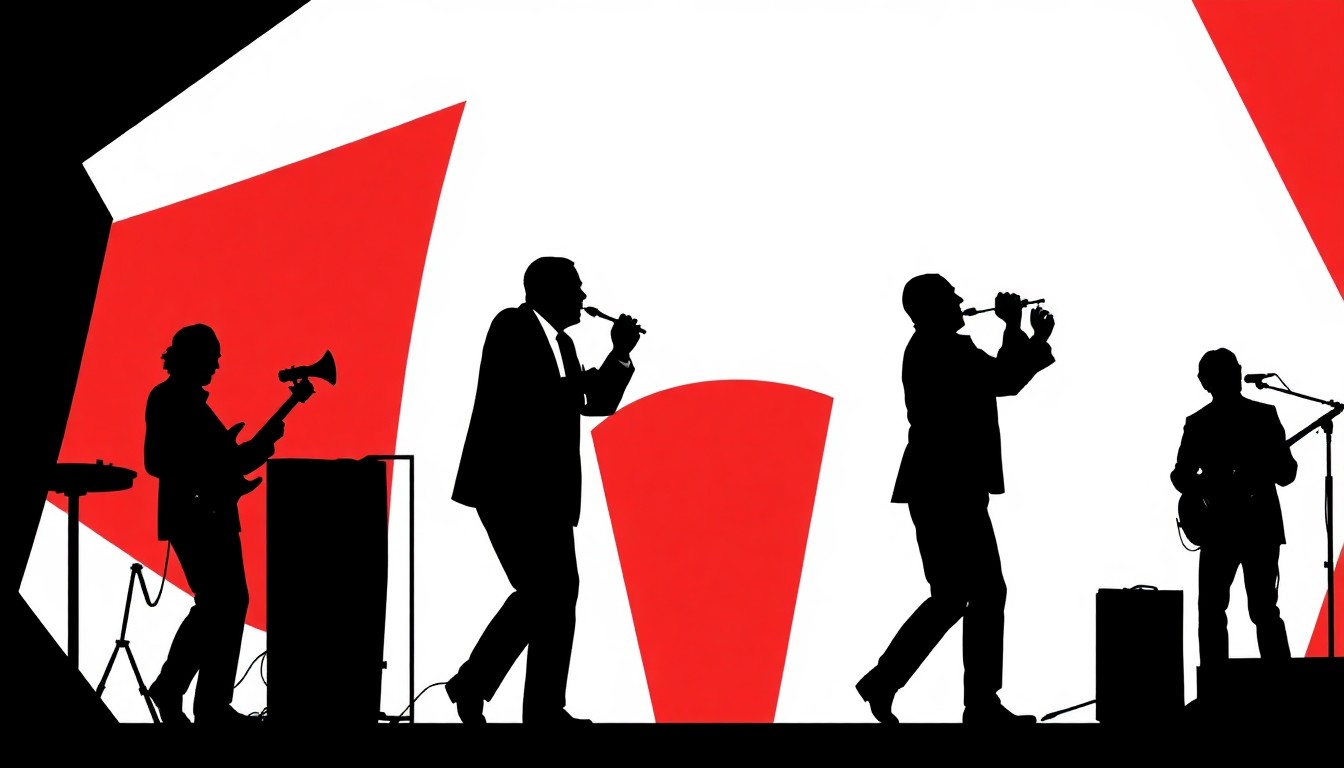 An abstract, minimalist illustration composed of bold, jagged geometric shapes in high-contrast red and white, capturing the dynamic energy and artistry of a jazz performance.