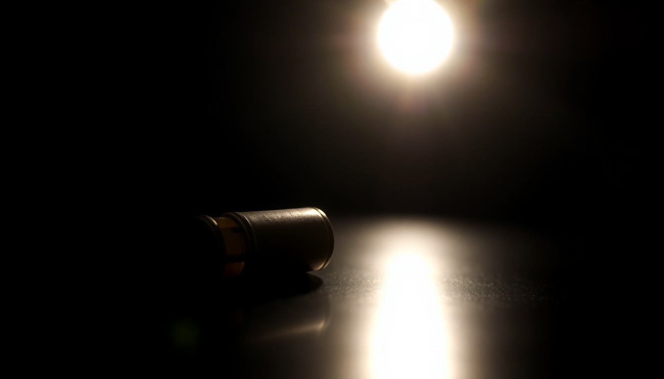 An extreme close-up of a spent shell casing from a handgun, lit by a harsh, direct camera flash against a pitch-black background, conceptually illustrating the gritty, investigative nature of an unsolved crime.