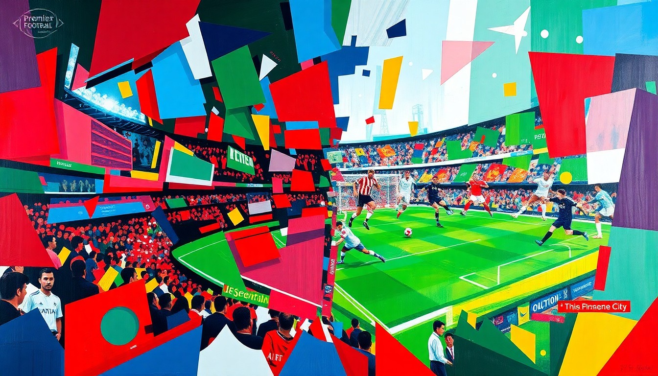 A fragmented, geometric painting in bold primary colors depicting the action and energy of a Premier League football match between two top teams.